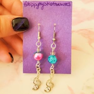 Music Symbol Drop Earrings With Pink & Blue Crackle Beads